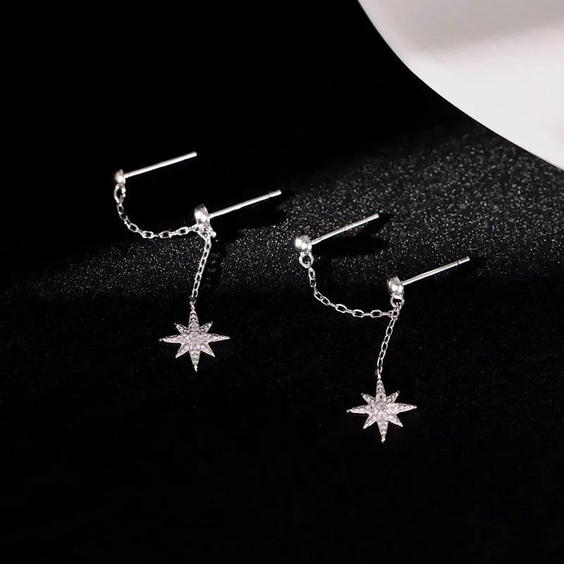 CIAXY Silver Color Shiny Zircon Star Ear Line Tassel Earrings for Women Temperament All-in-one Ear Stud Earring Fashion Jewelry