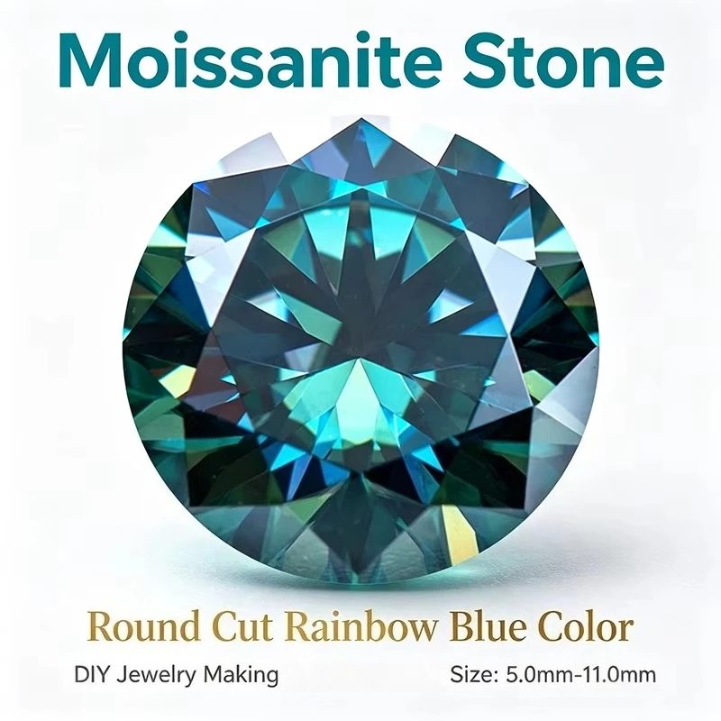 Moissanit-Stein, runder Schliff, Regenbogenblau, DIY-Charms, Schmuckherstellung, Ring, Halskette, Ohrringe, Hauptmaterialien mit Zertifikat – Detail 6