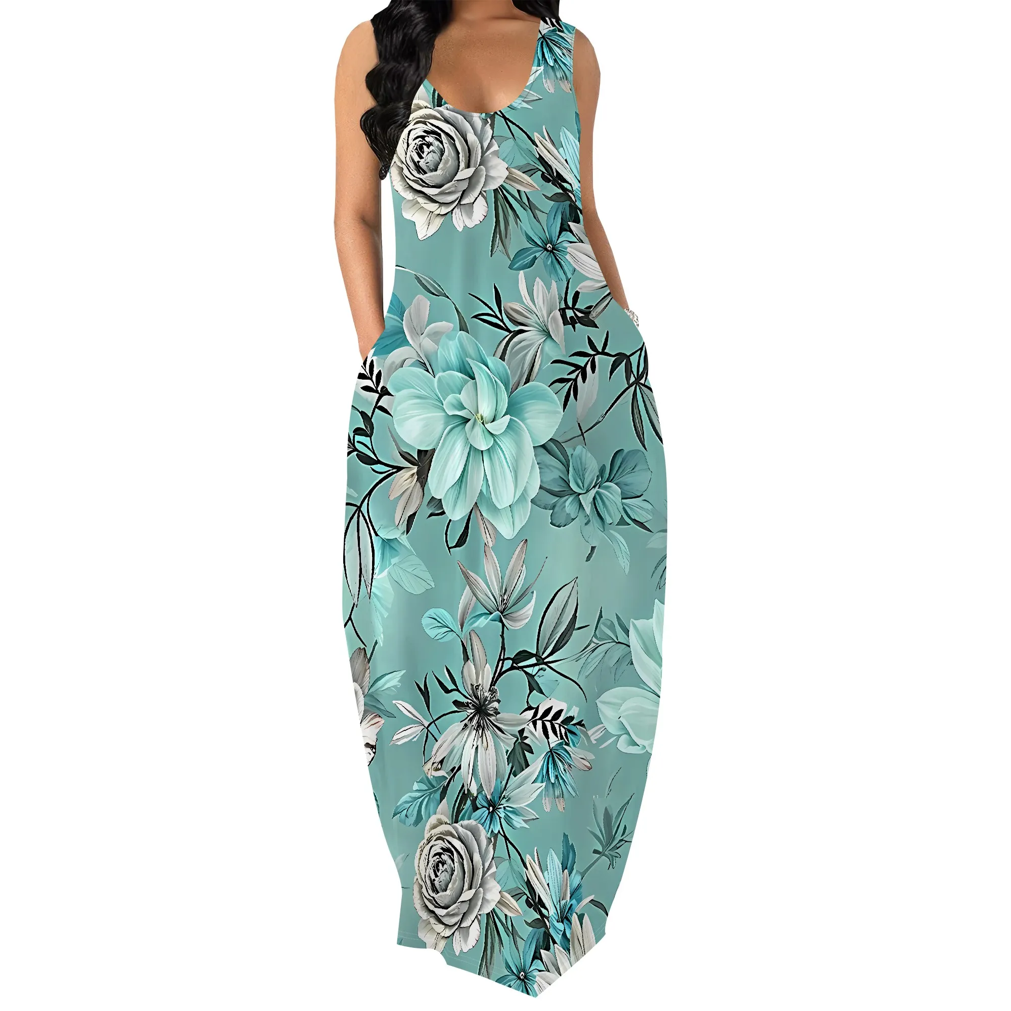 EQQZD Elegant Floral Print Round-Neck Maxi Dress, Sleeveless Wide Shoulder Strap Dress w/Pocket, Casual & Stylish Dress