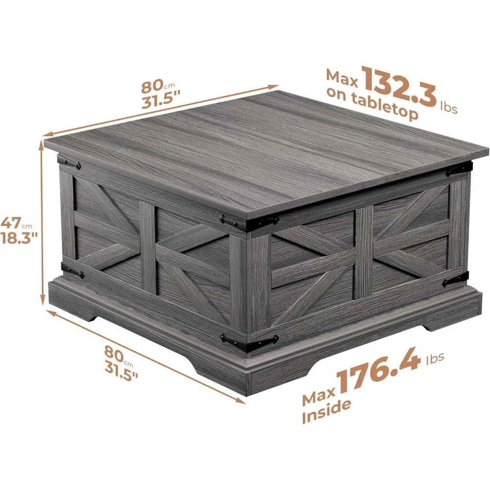 Rustic Farmhouse Coffee Table with Lift Top Storage, Large Square Wood Center Table for Living Room, Soft Close Mechanism