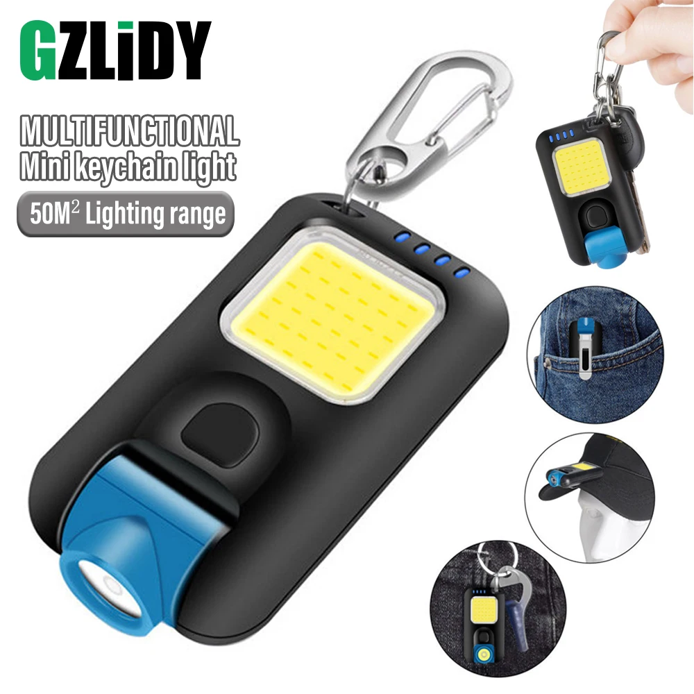 

Mini Camping Light LED Flashlight COB Keychain Lights Lantern USB Rechargeable Work Lamp Flood Light with Hook Waterproof Torch