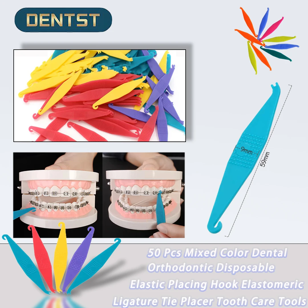 50 Pcs Mixed Color Dental Orthodontic Disposable Elastic Placing Hook Elastomeric Ligature Tie Placer Tooth Care Tools