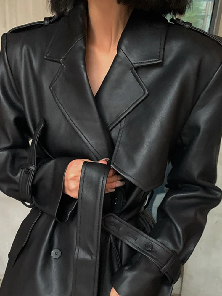 Lautaro Spring Autumn Long Black Soft Pu Leather Trench Coat for Women Belt Double Breasted Cool Handsome European Fashion 2022