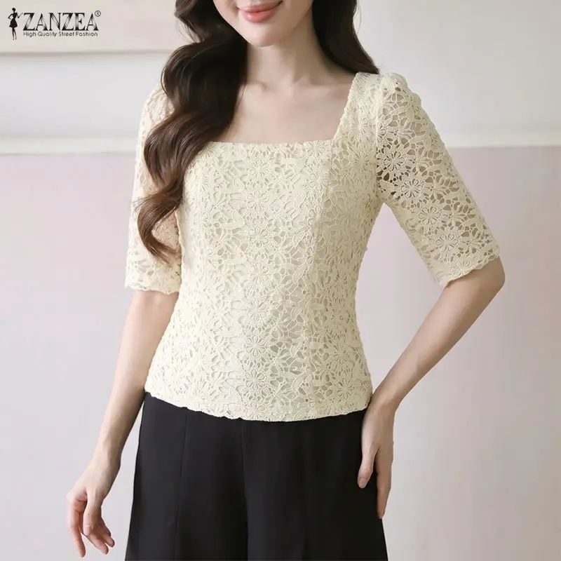 

ZANZEA Women Classy Elegant Lace Patchwork Blouses Square Neck Half Sleeve Side Zipper Fitted Short Tops Summer Blusas de Mujer