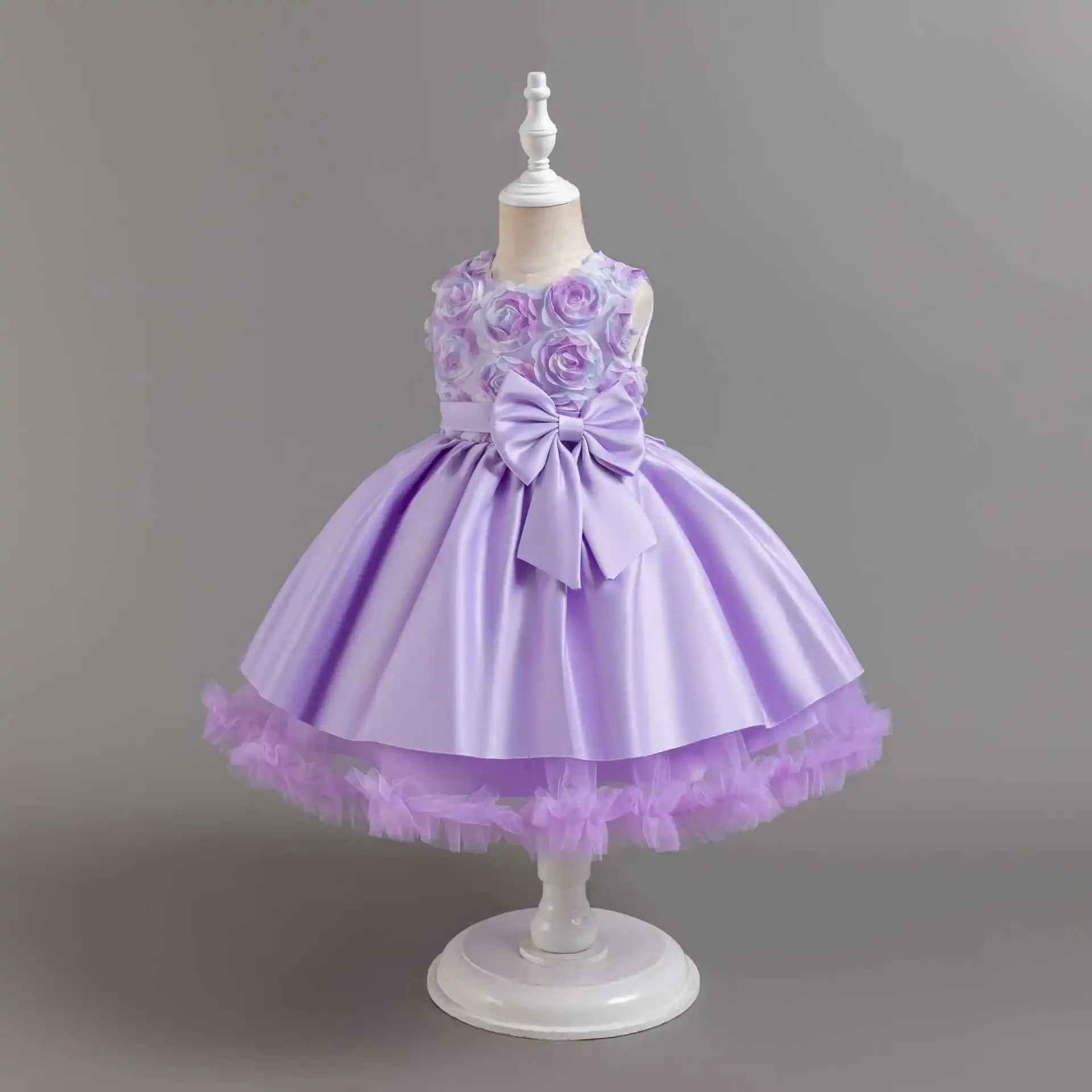 Purple Lace Princess Party Dress for Flower Girls Puffy Frock Gown Baby Child Tutu Wedding Ceremony Birthday 1-6 Years