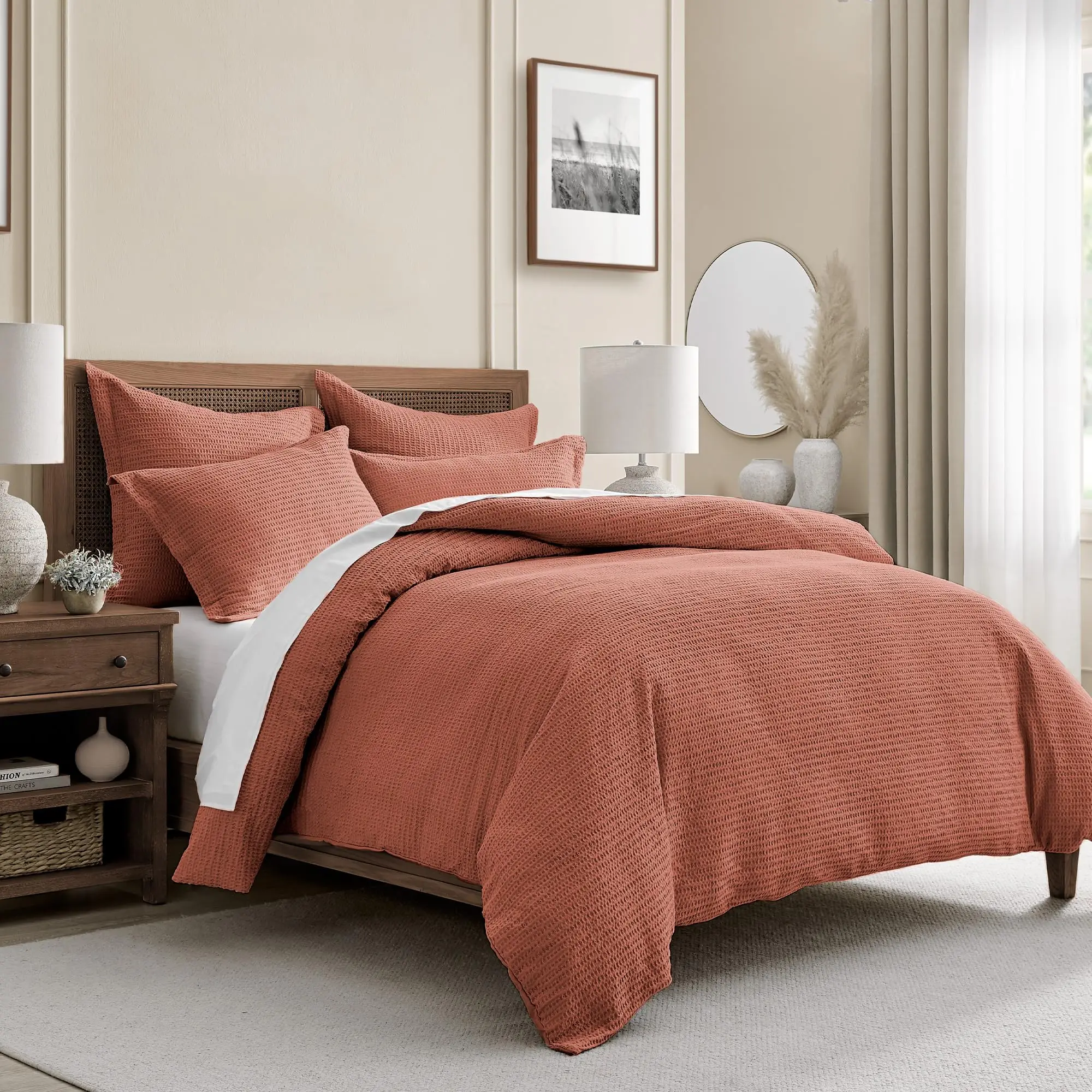 Cloud Waffle King/Cal King Comforter Set (106x94in) with 2 Pillow Shams (36x20in) - Solid Waffle Cotton Texture - Adobe
