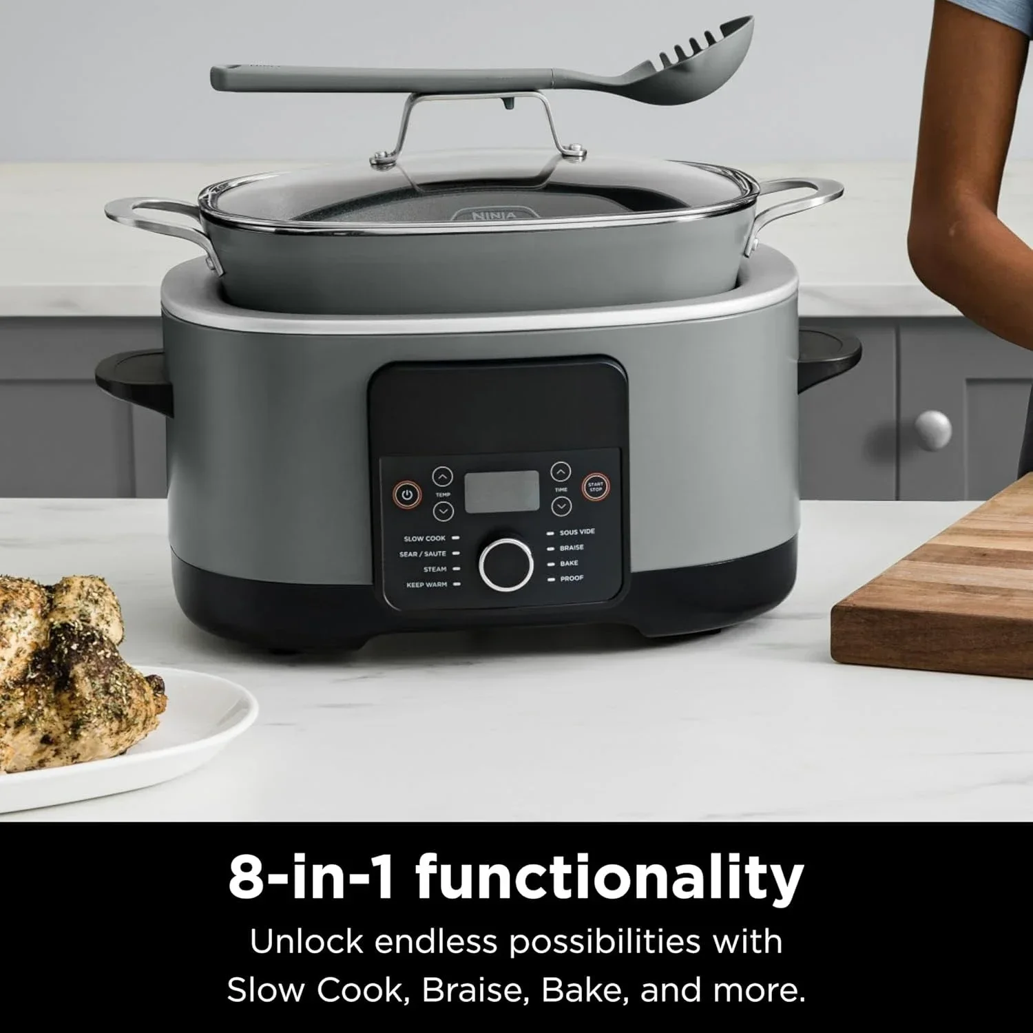 MC1001 Foodi PossibleCooker PRO 8.5 Quart Multi-Cooker, with 8-in-1 Slow Cooker, Dutch Oven, Steamer, Glass Lid Integrated Spoon