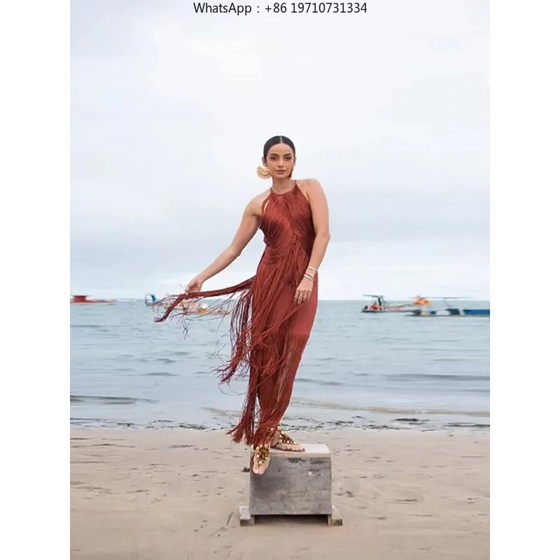 Women's Tassel Solid Color Sleeveless Halter Dress Women's Midi Dress Multilayer Women's Cocktail Robe Sexy Fashion New 2025