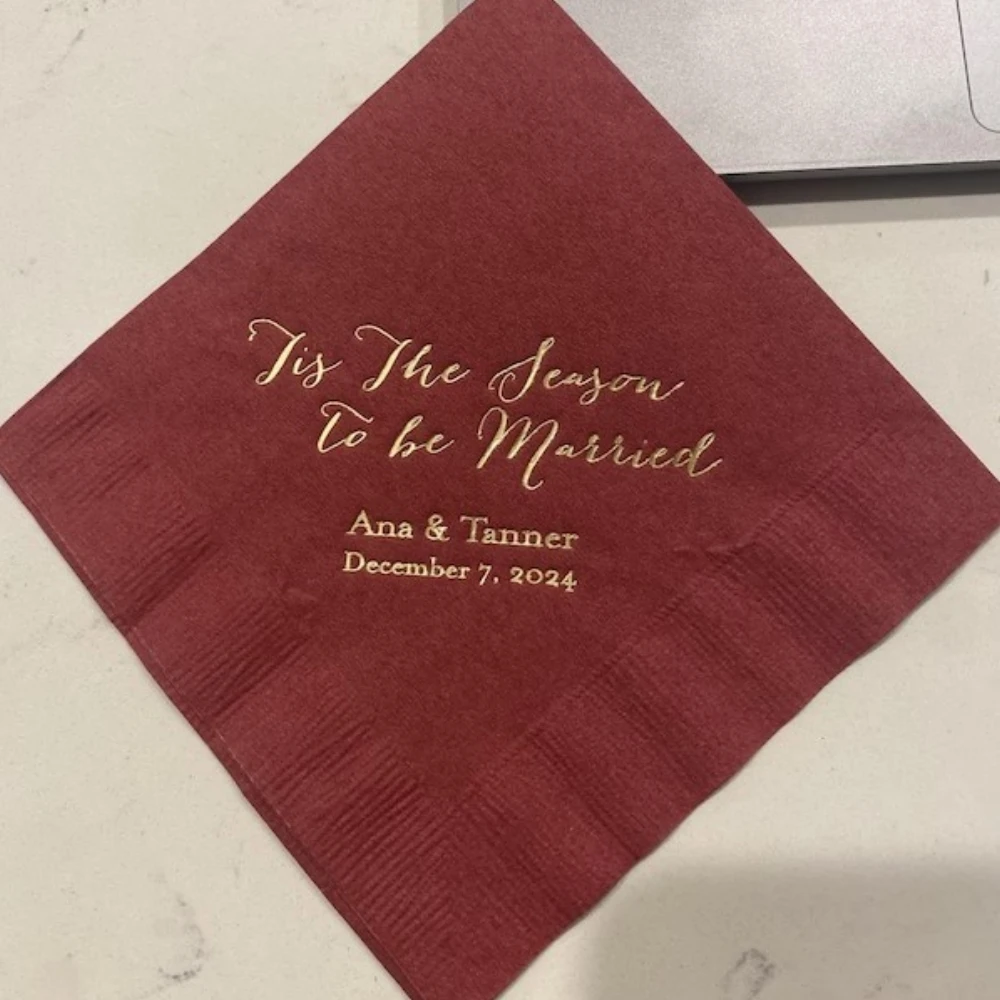 Tis the Season To Be Married - Christmas Wedding Napkins, Rehearsal Dinner, Engagement Party, Custom Bar Napkins December,50Pcs