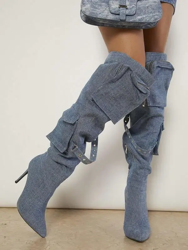 

2025 Winter New Women Fashion Blue Jeans Denim Pointed Toe Pocket Over The Knee Boots Female Thin High Heel Loose Thigh Botas