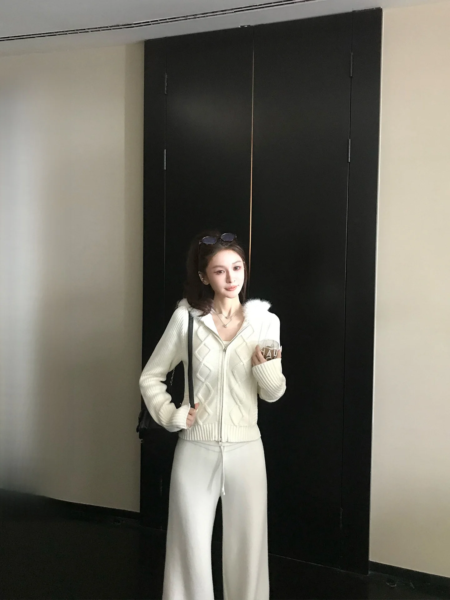 

Eco-Friendly Fur Collar Knitted Sweater Coat Women's Sle mat Fit Long Sve Zipper Closure Thi Winter Outerwear