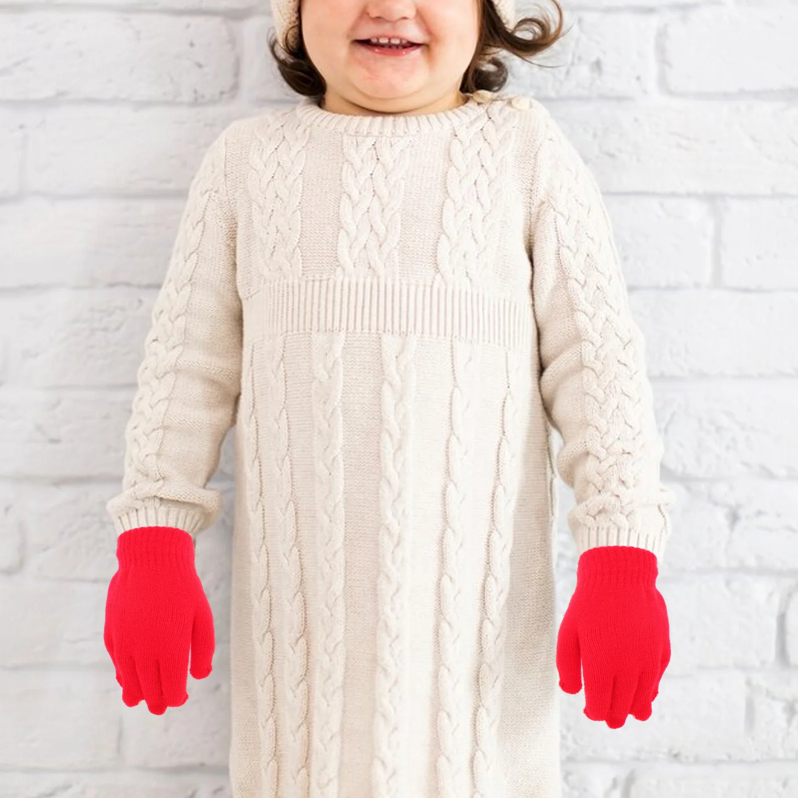 Warme Handschuhe, gestrickt, Vollfinger, Winter, handgefertigt, leicht, dehnbar, wasserdicht, für 4–12 Jahre, Rot