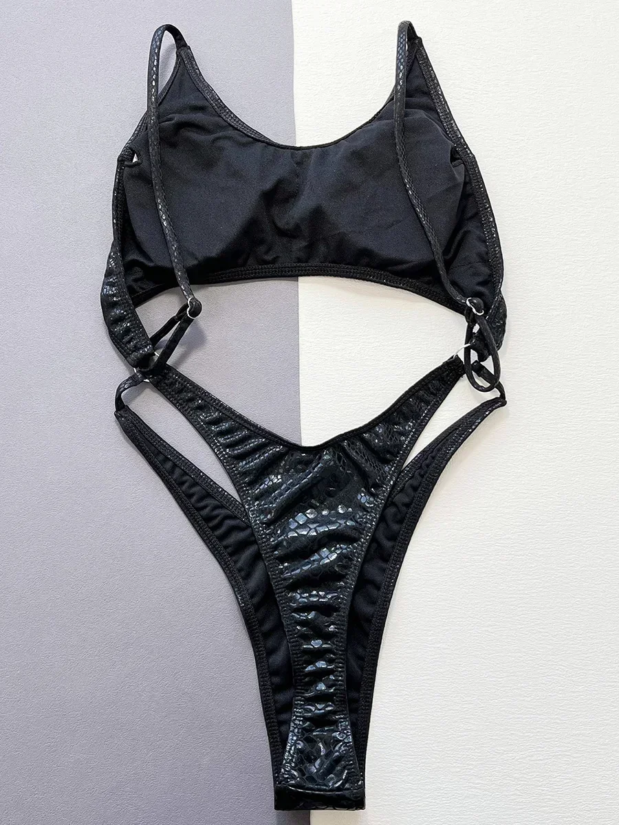 Schlangenhaut-Optik Bauchfreier Mini-Micro-Thong Einteiliger Badeanzug Damen Bademode Rückenfreier Monokini Badeanzug Strandkleidung