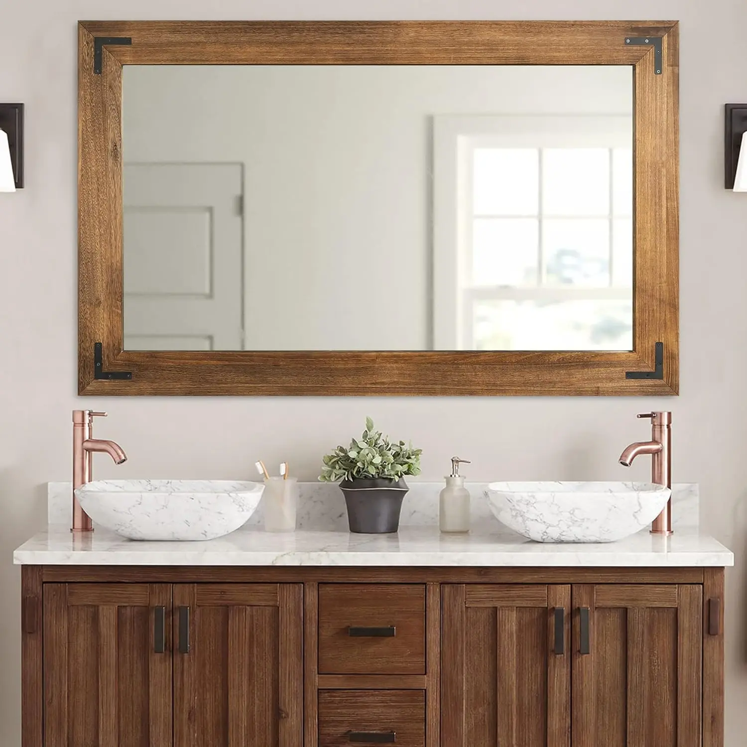 Rustic Wooden Framed Wall Mirror Natural Wood Bathroom Vanity Mirror for Farmhouse Decor Vertical or Horizontal Hanging