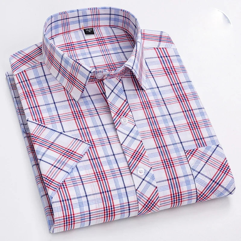 New in shirt summer thin 100%Cotton short sleeve shirts for men slim fit casual plaid tops soft fashion elegants retro clothes