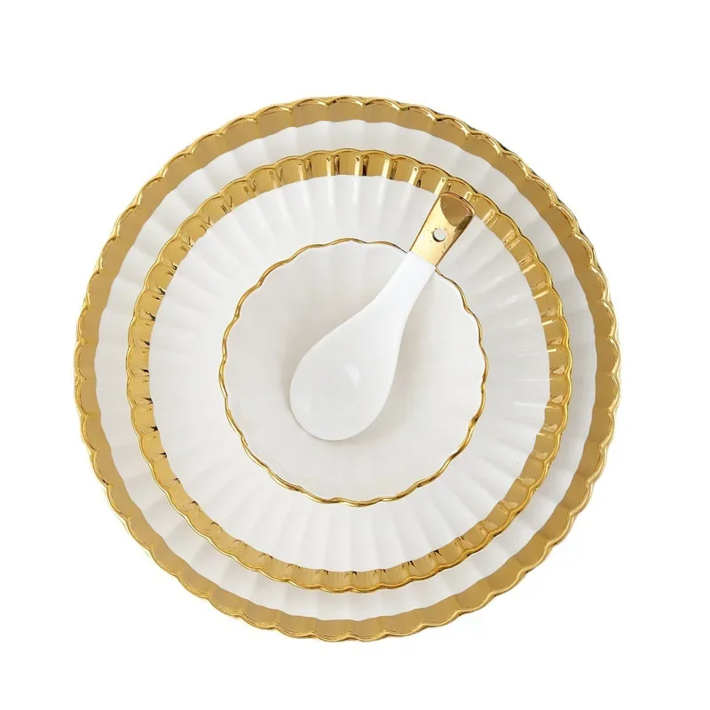 Gold and white Plate plated rim Ceramic Bowls Ceramic dinner Plates dishes dinnerware tray  in bulk stock outdoor tableware