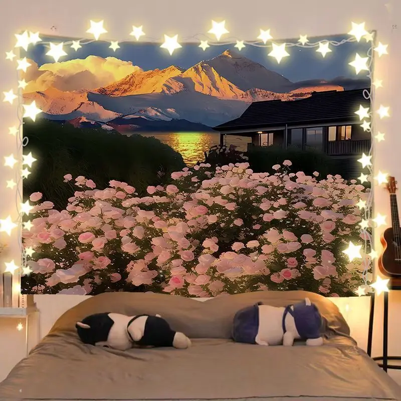 VIKAMA Lake Sunset Rose Sea Town Landscape Tapestry, Twilight Linen Wall Hanging for Bedroom Living Room Dorm Decor