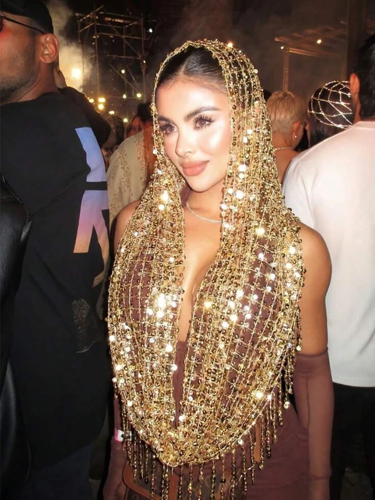 Sparkly Sequin Mesh Head Scarf with Tassel Women Festival Hair Accessory for Rave Party Stage Costume Boho Fashion Shawl Hat