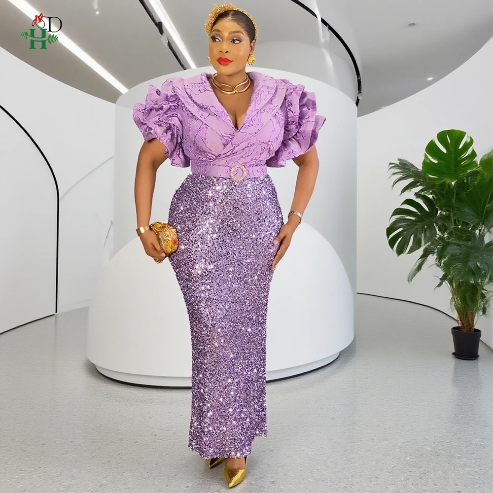 

African Dresses For Women Evening Party Wedding Dress Plus Size Sequin Mermaid Gowns Elegant V-neck Puff Sleeve Clothes 2025 New