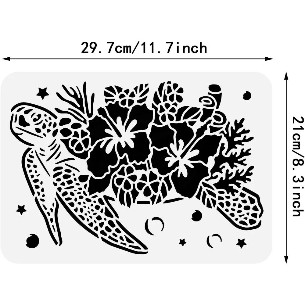 Sea Turtle Stencil, Reusable Flower Drawing Painting Templates Hibiscus Stencils for Scrapbooking, Fabric, Floor Furniture,