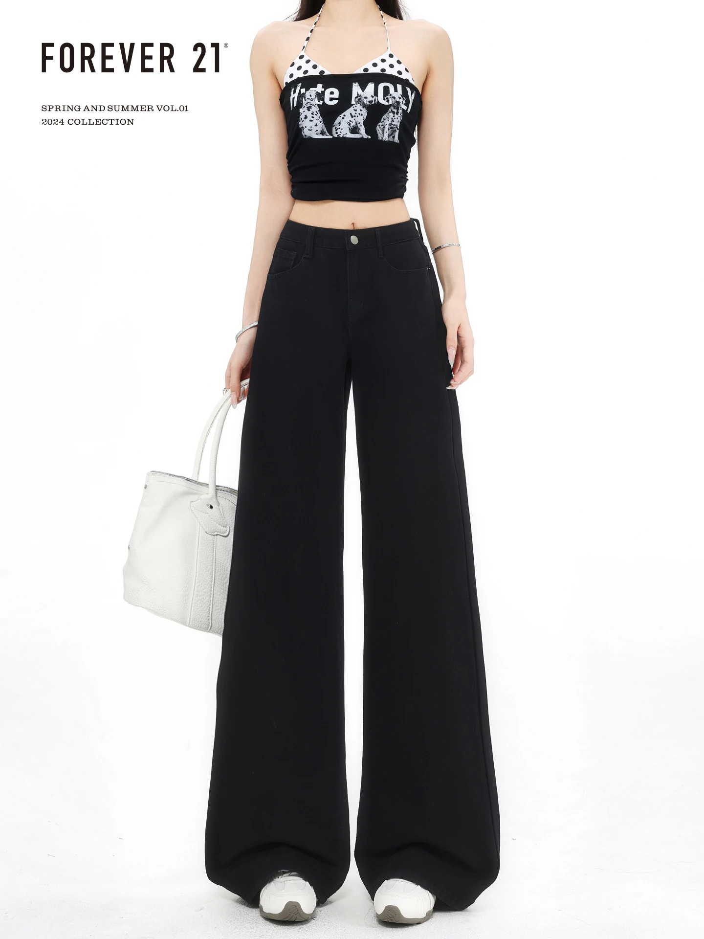 Loose Wide Leg Black Jeans Women's High Waist Drapey Straight Long Pants Pear Shape Body Forever 21 American Style Daily Wear