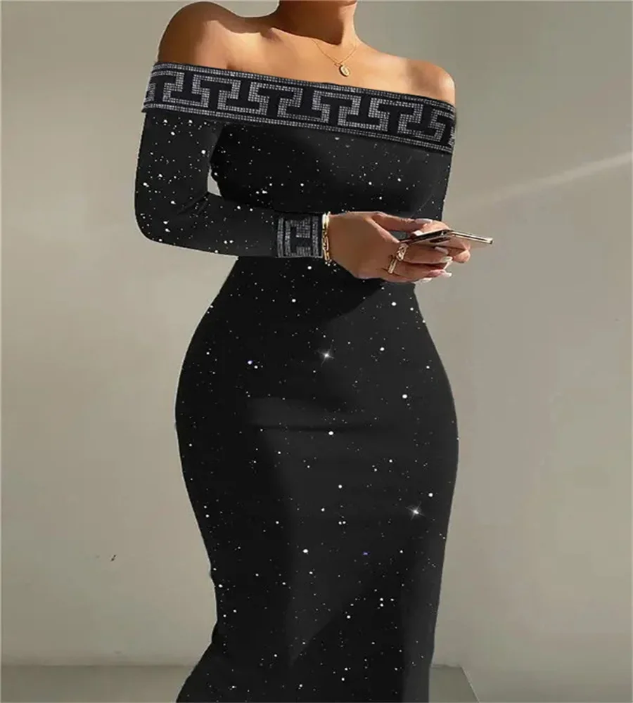 New Plus Size autumn/winter long-sleeved slim sequin cocktail dress sexy temperament one-shoulder middress dinner party Dresses
