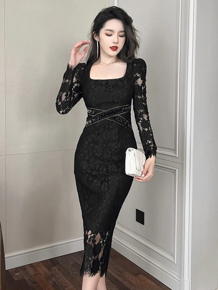 Elegance Women Evening Dress See Through Embroidery Floral Sequin Square Collar Skinny Midi Club Robe Femme Vestidos Mujer Gown