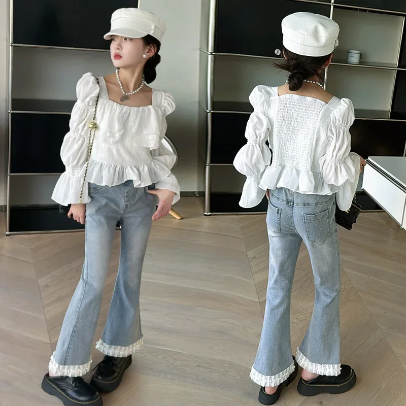 

Girls Suits Lace Shirt Jeans Bell-bottom Pants Set Autumn Girls Children Foreign Style Sweet Princess Two-piece Set Clothes