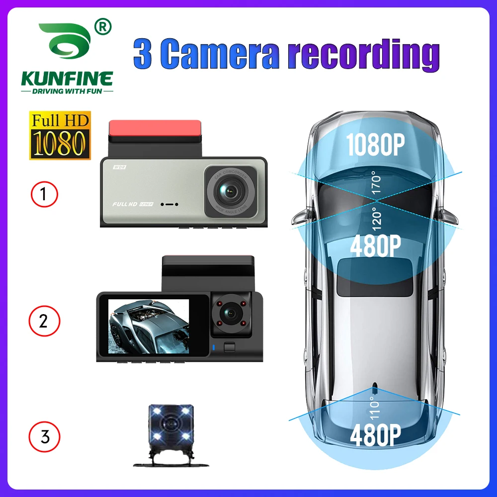 

2 Inch Car Dash Cam DVR 3 Cameras Recording Video Parking Monitoring 1080P Sensor IPS Night HD Vision Cycle Recording Video