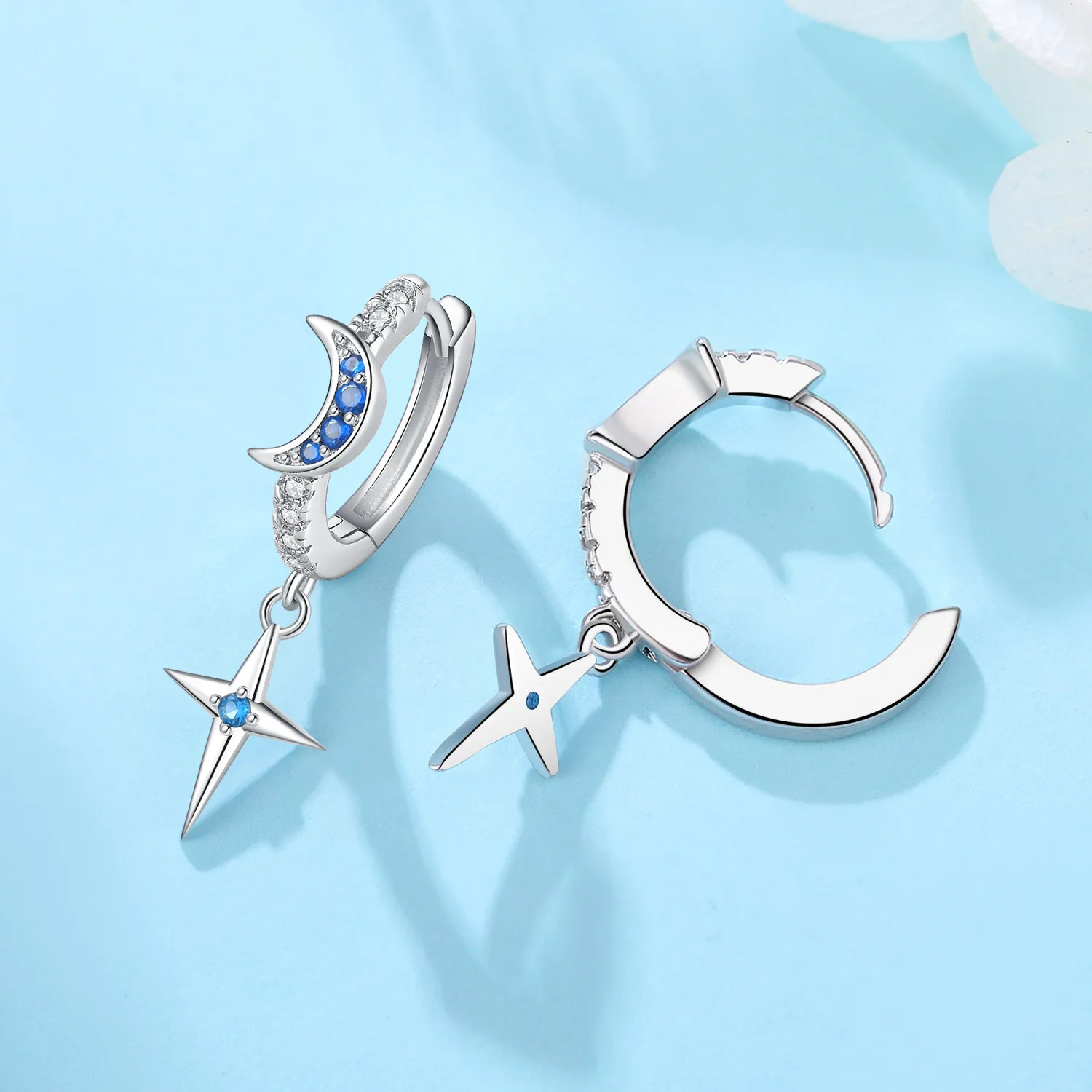 Nature Celestial 925 Sterling Silver Gold Silver Two-tone Blue Sun and Moon Star Earrings Personalized Temperament Trendy