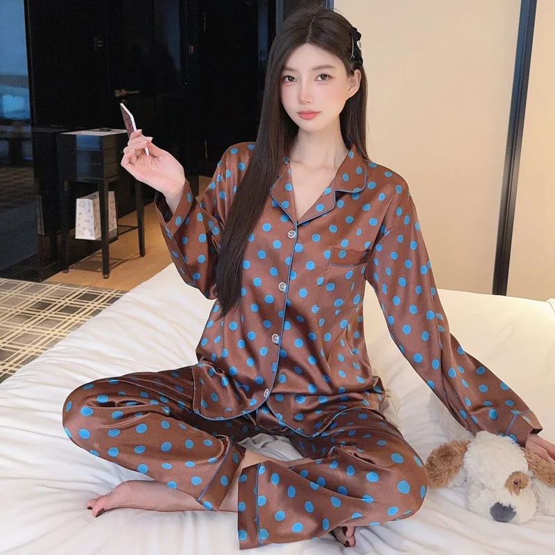 

French-Style Girl Ice Silk Ins-Style Spring and Summer Thin Pajamas Long Sleeve Long Pants Age-Reducing Silk Loungewear Set