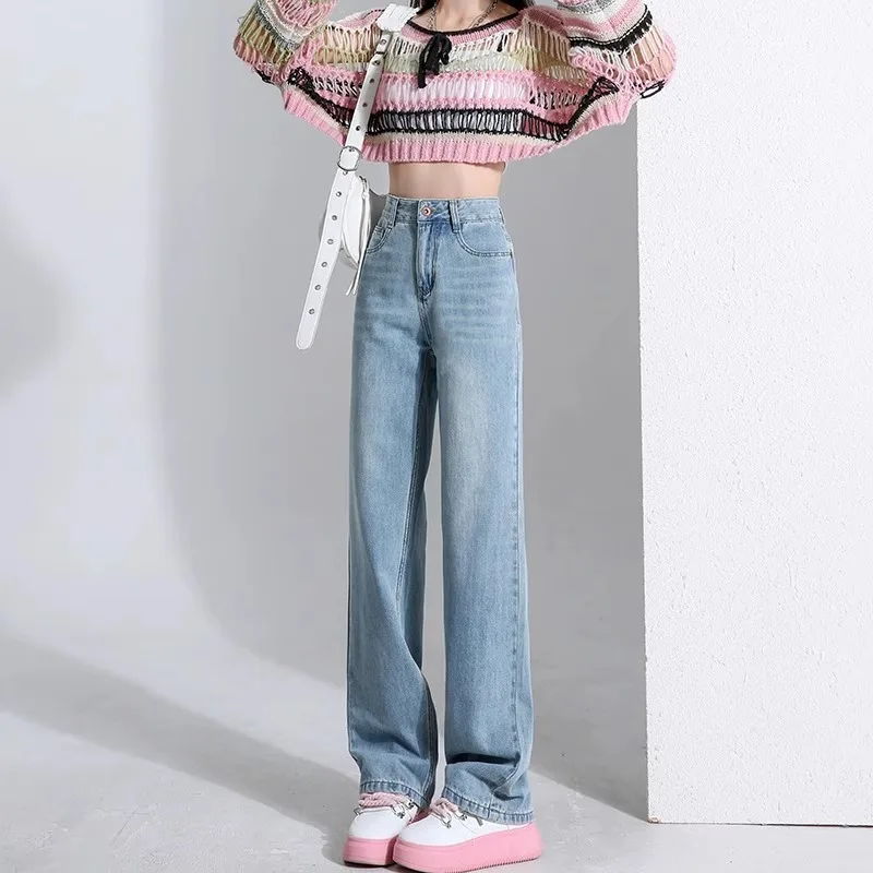 High Waist Fleece Lined Thick Wide Leg Jeans Women's Loose Slimming Long Straight Floor Length Pale Blue Denim Pants