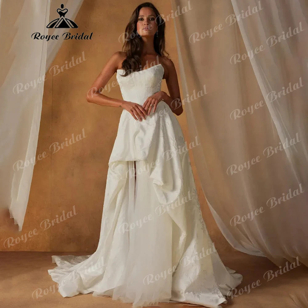 

Strapless Jacquard Satin Wedding Dress Sweetheart Neckline High Low Slit A-Line Bridal Gown Corset Bodice with Train Customized