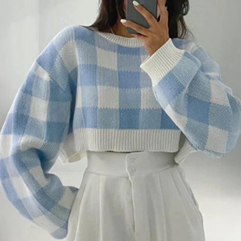 

Pullover Women Checkerboard Crop Knit Sweater Long Sleeve Crew Neck Box-fit Plaid Knit Top Teenage Girls Outfit
