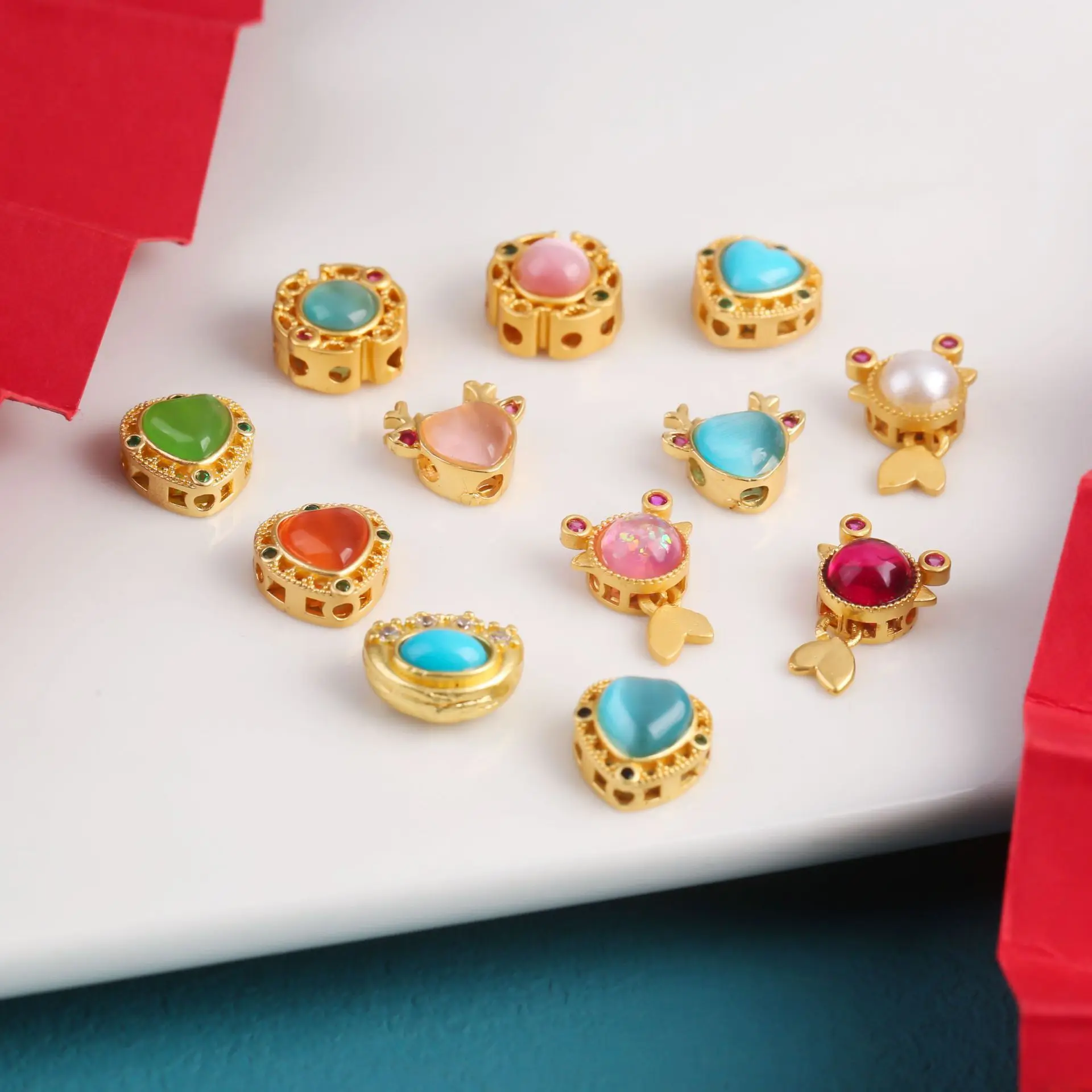 7pc Copper Plating Hollow Multi-pass Ring Inlaid Cat's Eye Stone Spacer Bead Diy Bracelet Necklace Jewelry Accessories Wholesale