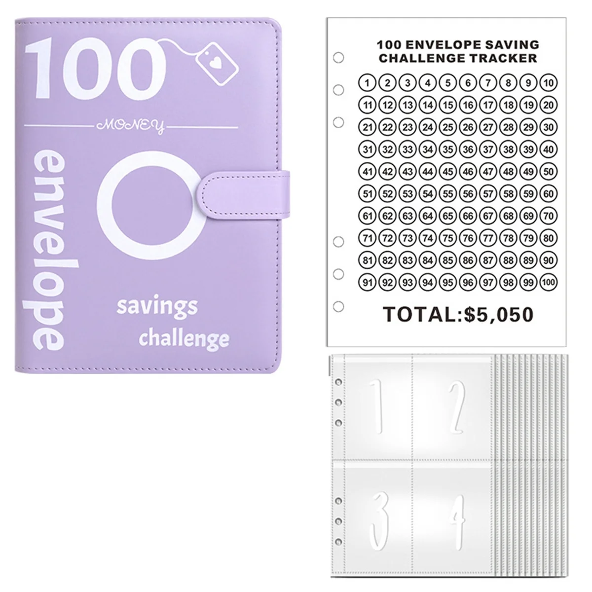 100 Envelopes Money Saving Challenge, 100 Envelope Challenge Binder, Money Saving Binder, Budget Book (Purple)