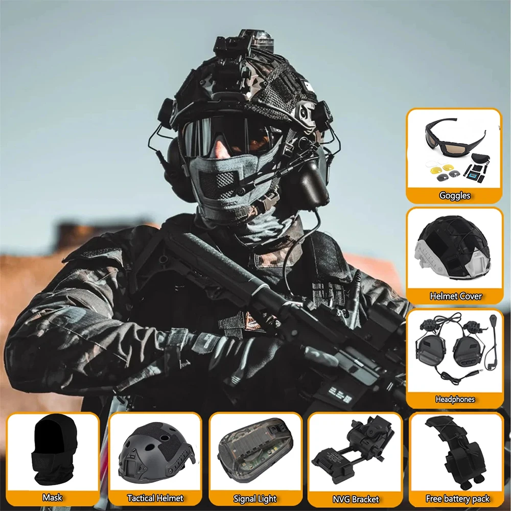 

Tactical Soft Helmet Set FAST Airsoft Protective Helmet with Head Cover Signal Light Earphones Glasses Bracket for Role-Playing