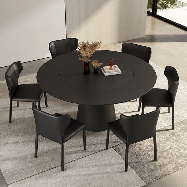 

Italian minimalist round rock slab dining table with inlaid turntable pure black dining table household induction cooker with ho