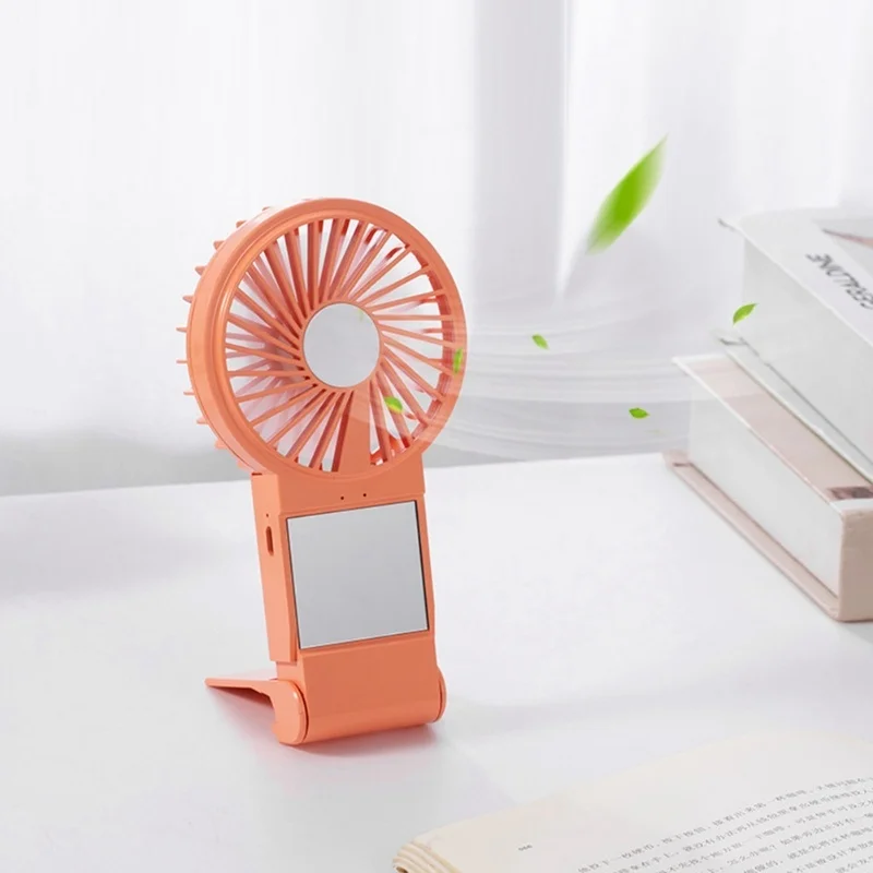 مروحة صغيرة محمولة باليد مع مرآة مكياج خفيفة ملونة وشحن USB برتقالي #2