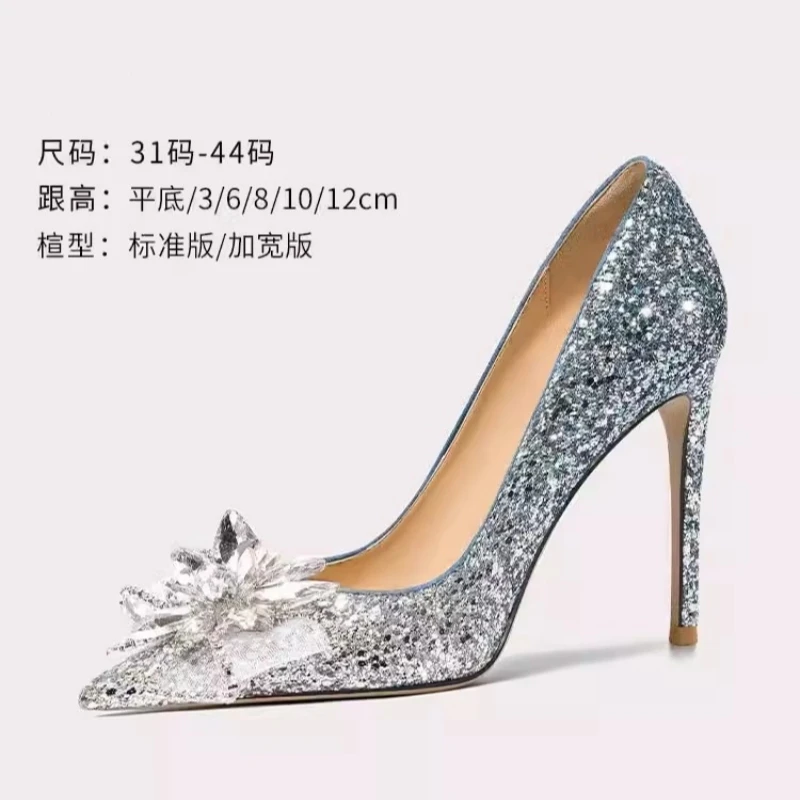 Spring pointed sequin shallow rhinestone mesh stiletto wedding shoes high heel banquet large size small size women's sandals