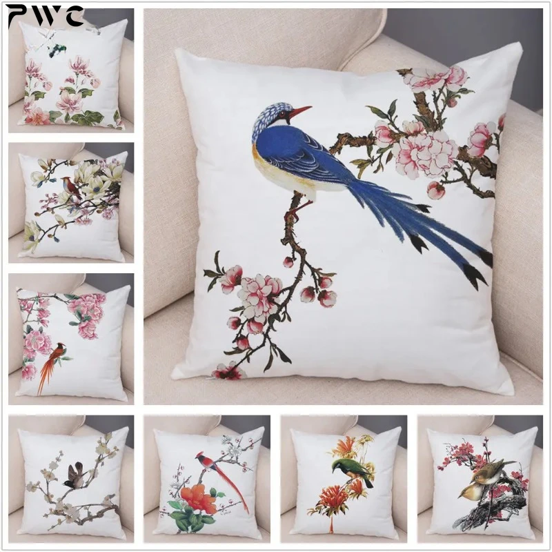 

Home Decor Watercolor Flowers Robin Sparrow Goldfinch Sparrow Berry Print Polyester Cushion Pillowcase for Bedroom Living Room