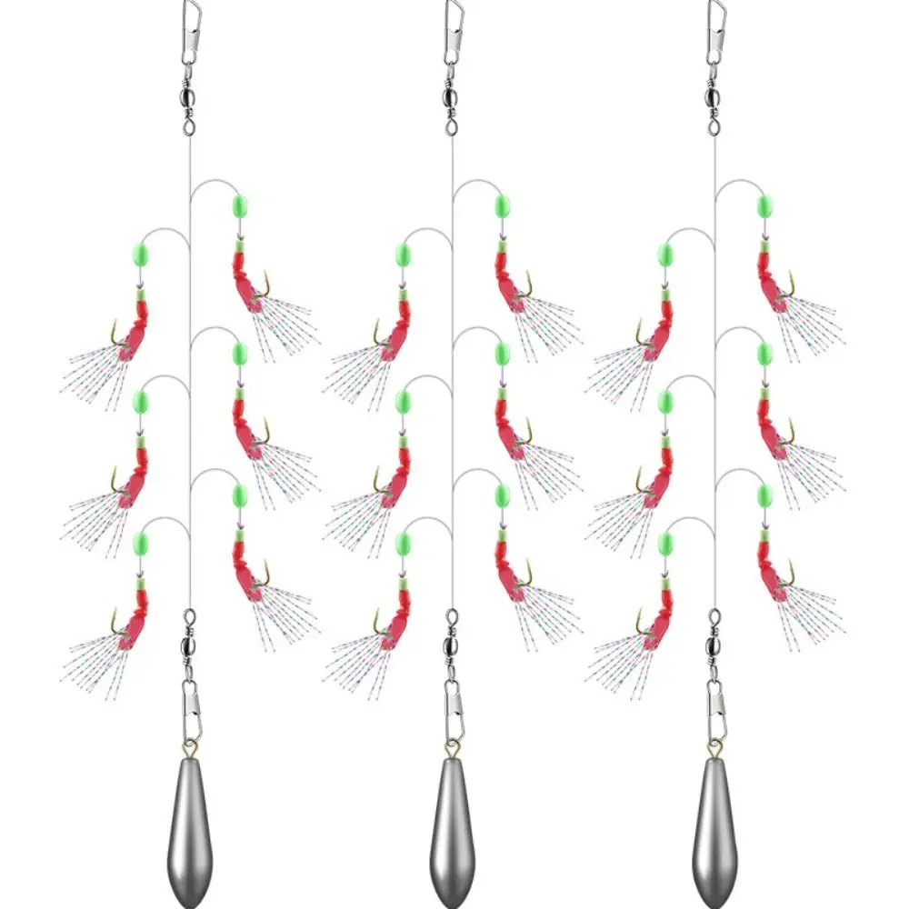 

Glowing Beads Luminous Fishing Lures High Carbon Steel Artificial Feather Fishing String Hooks 6Hooks Size 4-10