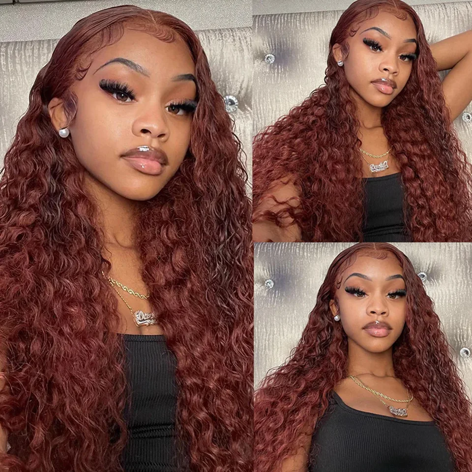 30 34 Inch Reddish Brown Deep Wave Frontal Wig 13X6 HD Lace Frontal Wig Colored Deep Wave 13x4 Lace Front Human Hair Wigs