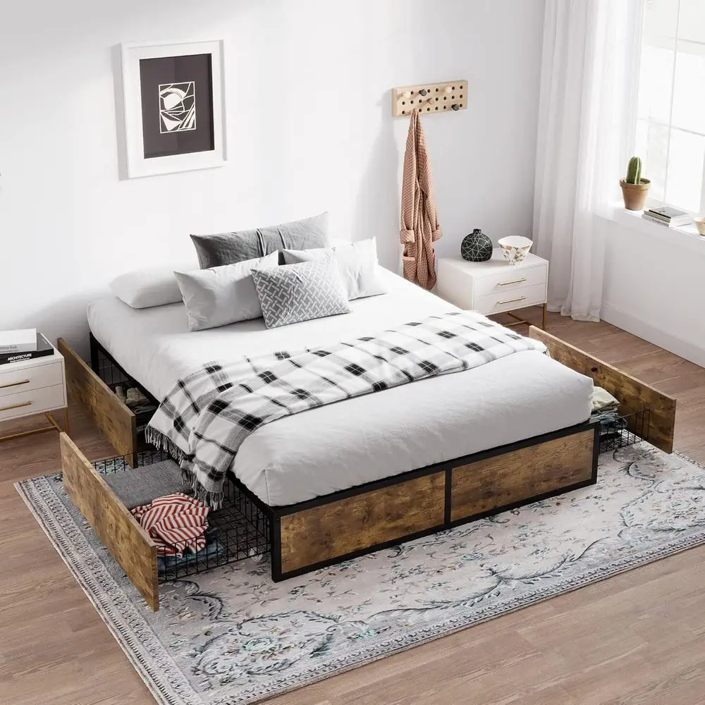 

Queen Size Platform Bed with Storage Drawers, Metal and Wood Construction, Modern Design, No Box Spring Required, Easy Assembly