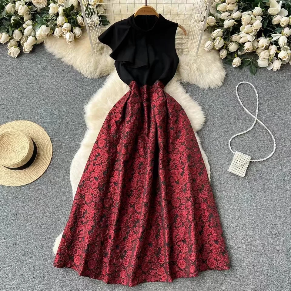 

New Vintage Korean Temperament Robe Femme Summer Women Dress Stand Collar Sleeveless Slim Waist Vestidos Patchwork Printed Dress