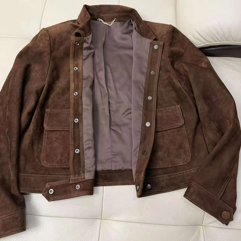 Autumn Outerwear Women’s Kid Suede Leather Jacket Lapel Tooling Wind Single Breasted Casual Long Sleeve Short Silm Leather Coat