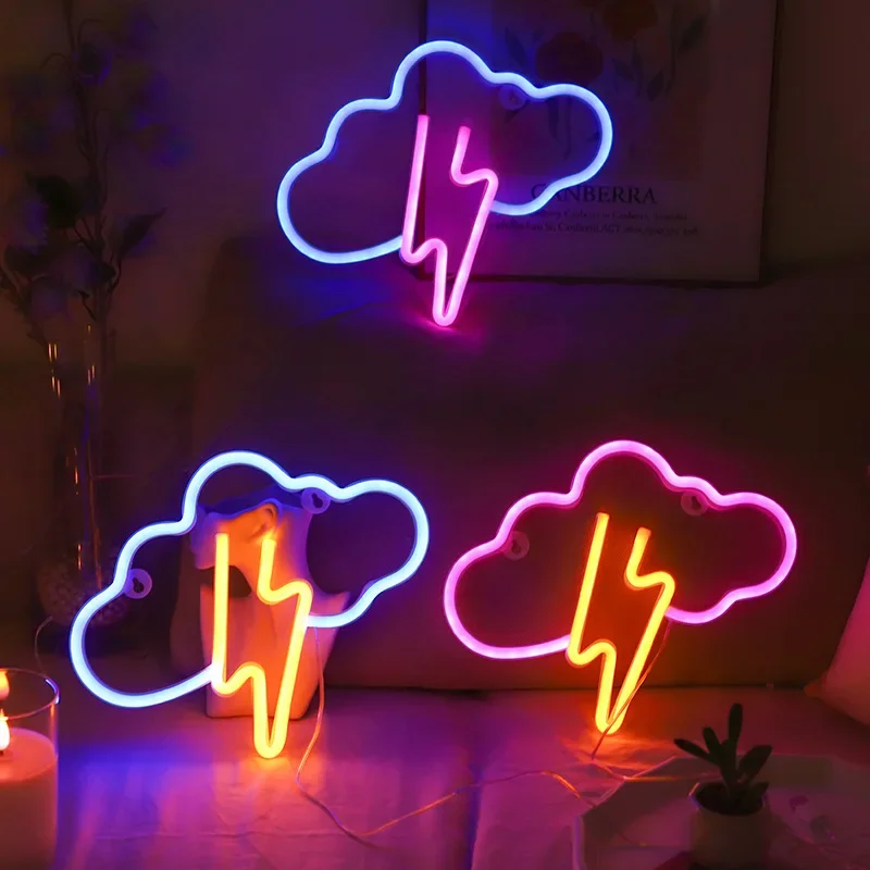 Luz LED de neón con rayo en la nube, luz nocturna con batería, funciona con USB para habitación de niños, fiesta, hogar, Bar, lámpara de decoración