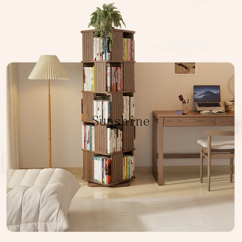 Winter wood solid wood rotating bookshelf 360 degree bookcase children's living room floor shelf household storage cabinet