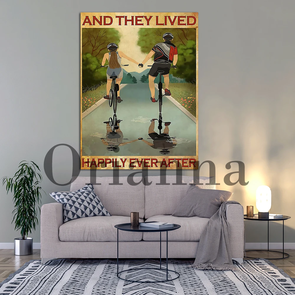 Cycling Partners They Lived Happily Ever After Wall Art Poster Husband And Wife Cycling Home Decor Print Bedroom Decoration Gift