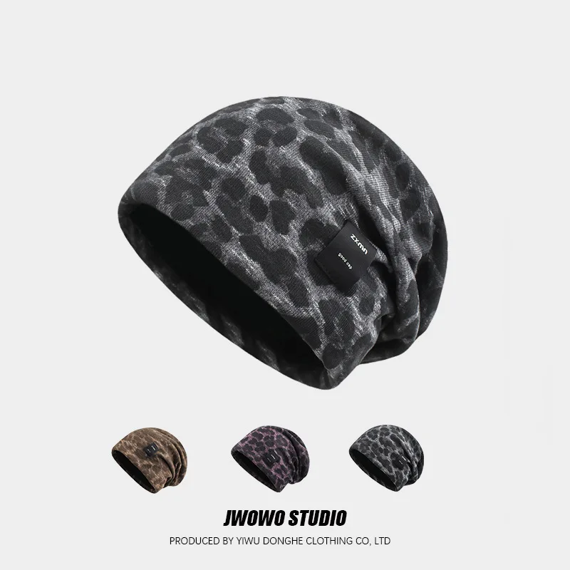 American Retro Fashion Leopard Print Pile Cap Trendy Hand-knitted Hip-hop Headpiece Cap Autumn Winter Outdoor Warm Woolen Cap
